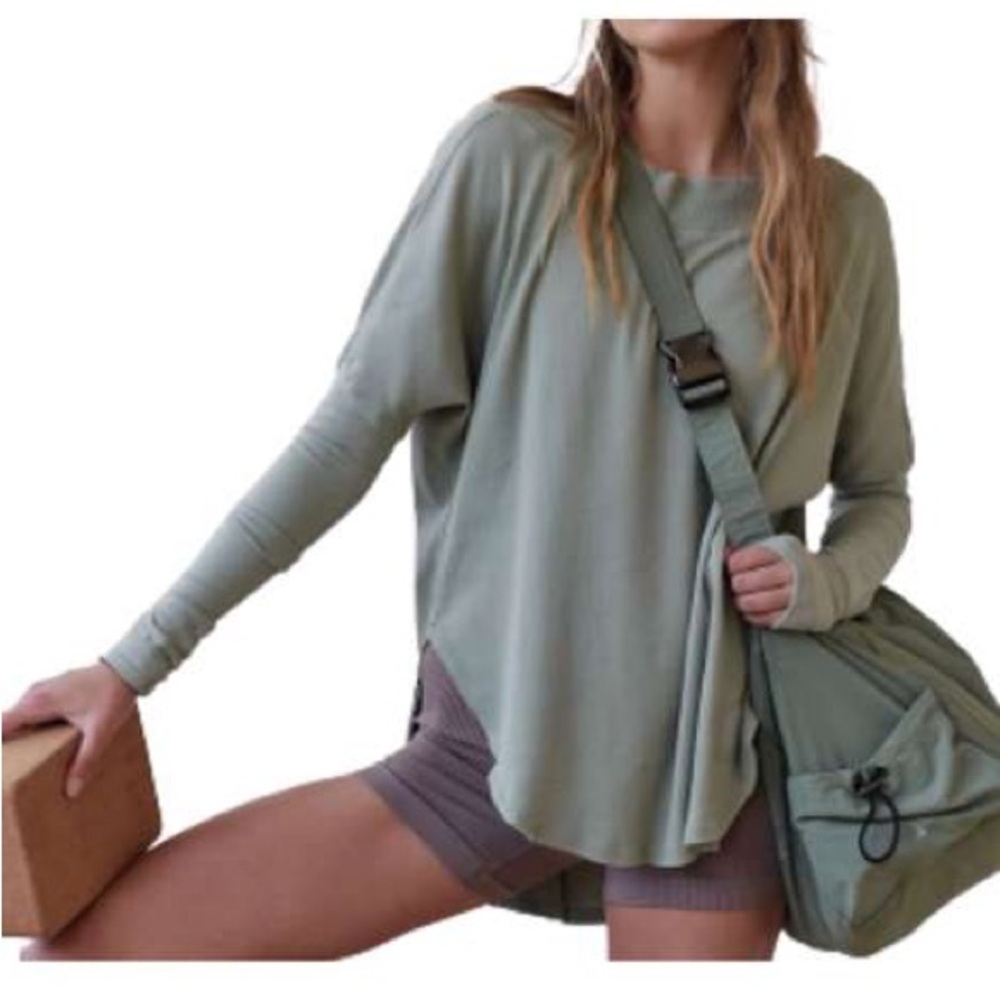 Free People Sage Green Cotton Blend Long Sleeve Oversized Top
